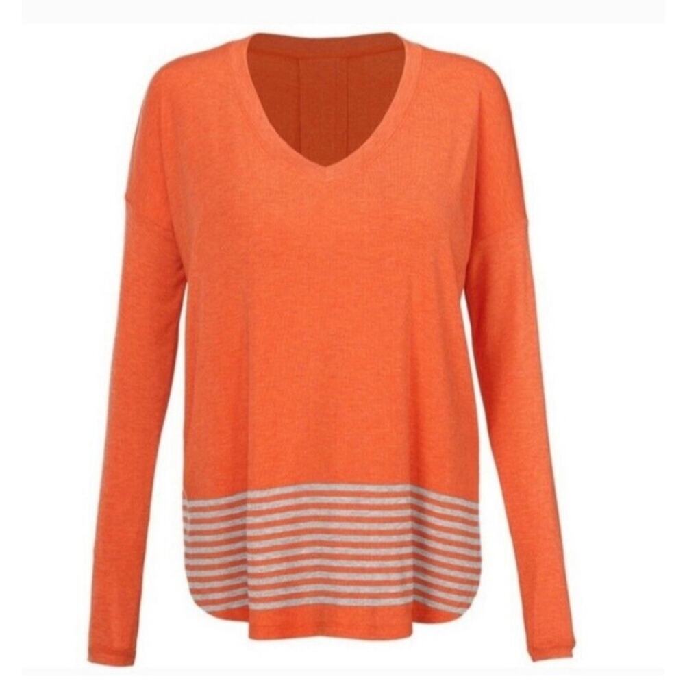 Cabi Hangout Tee orange gray striped v neck‎ jersey knit top size Small #4190